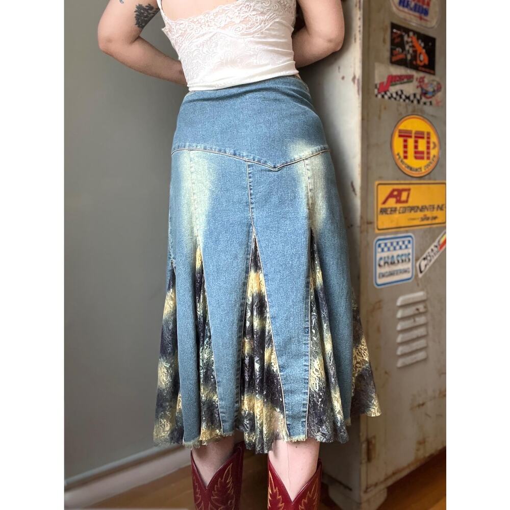Vintage Y2K Denim Lace Panel Midi Skirt | Beaded Flare Skirt | Boho Western | M